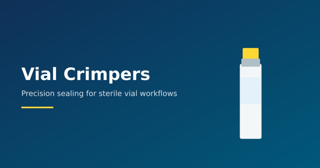 Vial crimping tool and sealed glass vial on laboratory bench — hero image for Vial Crimpers homepage