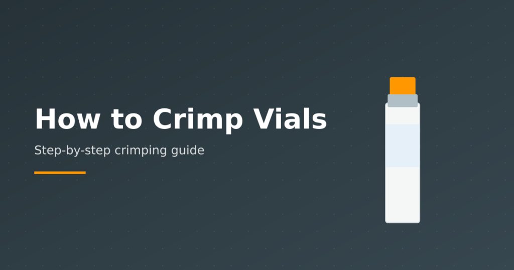 Illustration of the vial crimping process — placing seal, positioning crimper, squeezing to seal